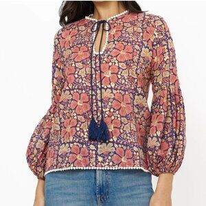 Oliphant Balloon Sleeve Tie Top in Matera Navy 100% Cotton